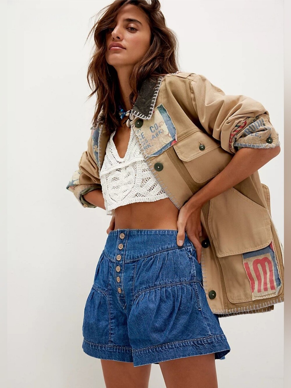 We The Free Fleur High-Waist Blue Denim Button-Front Women's Shorts Medium
